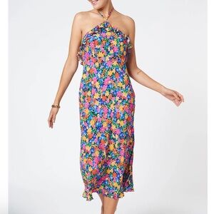 Fresha London Gabriella Bloom Floral Halter Midi Dress Size XS Ruffle Colorful